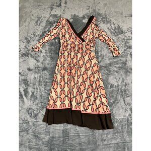 Sandra Darren 3/4 Sleeve Geometric Print Dress Sz 8 Ruched Waist A-Line